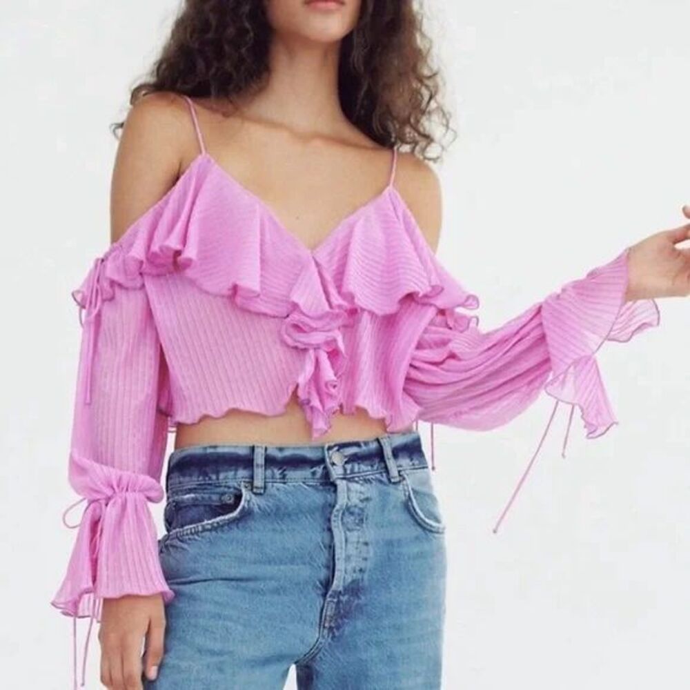 Zara Pink Ruffled Cold Shoulder Crop Top Boho Chic Summer Festival Blouse Size S